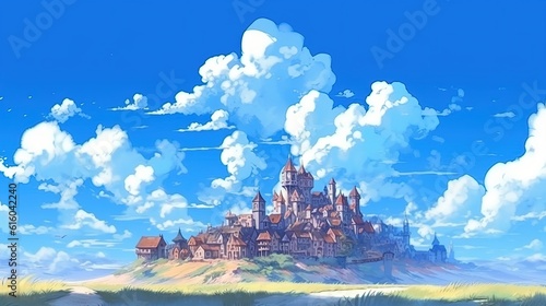 An old castle against a picturesque blue sky . Fantasy concept   Illustration painting.