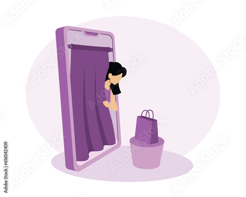 Lady in fitting room trying on clothes. Woman buying clothes using smartphone. Dressing room online and delivery service concept. Vector flat illustration in purple trendy colors