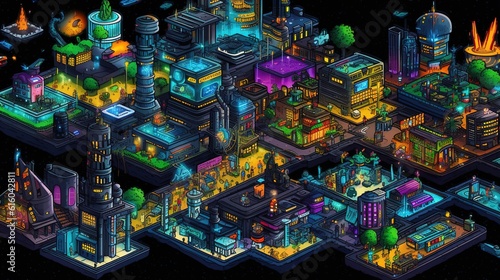 Game concept of a night futuristic city . Fantasy concept , Illustration painting.