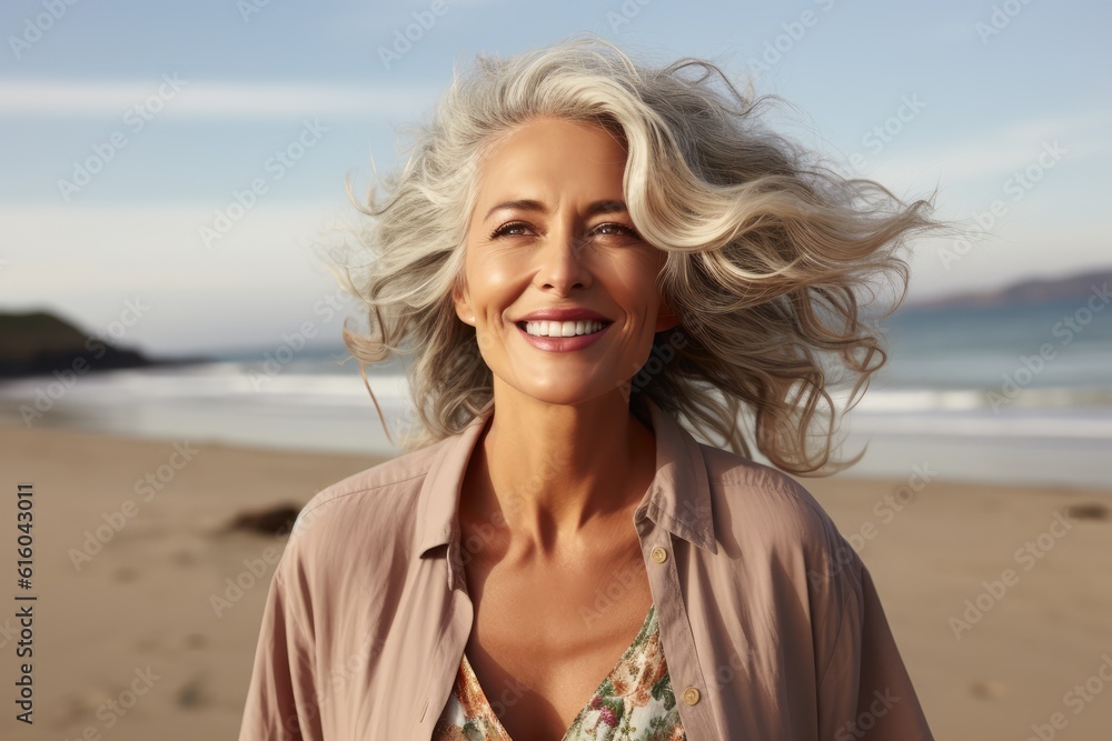 Smiling attractive beautiful caucasian senior mature woman posing at the beach looking at the camera