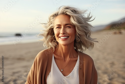 Smiling attractive beautiful caucasian senior mature woman posing at the beach looking at the camera