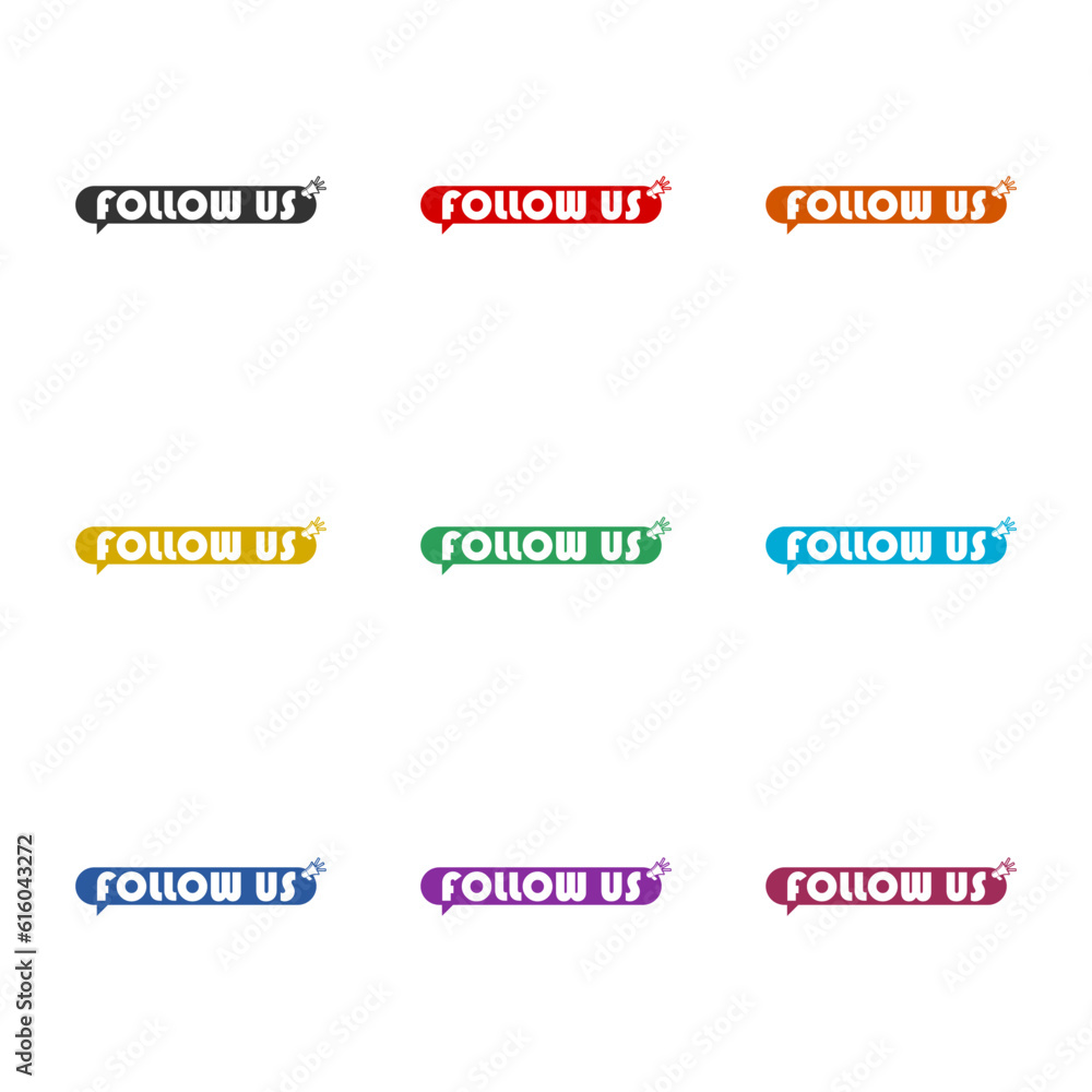 Follow us speech bubble icon isolated on white background. Set icons colorful Follow us speech bubble icon isolated on white background. Set icons colorful