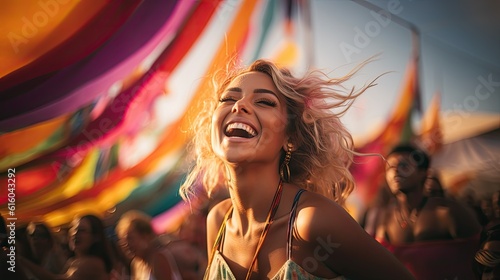Laughing happy Beautiful attractive sexy young woman having fun at a festival