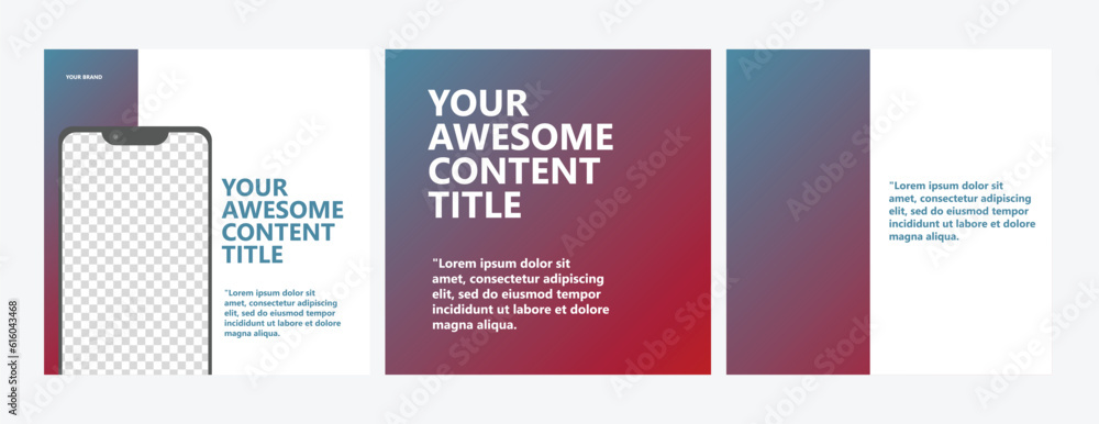 Carousel social media post vector template. Three pages microblog style post with dark blue and red gradient colored ornament and featured by image space with phone screen as a frame.