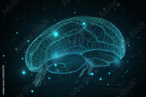 Mind in Motion: A Captivating Visual of a Human Brain on an AI Pulsating Background, Expressing Connectivity and Symbolic Exploration in a Merging of Teal and Sky-Blue photo