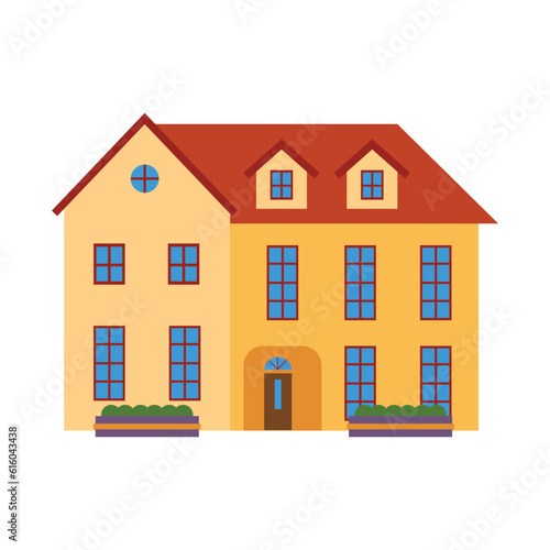 Tudor style house with yellow paints. Vintage house flat design vector template.