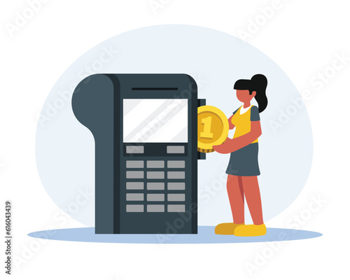 Faceless female paying for different services by money. Making payments for online shopping. Secure mobile banking. Wireless money transfer. Digital marketing environment. Vector