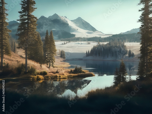 a lake surrounded by trees and snow covered mountains.
