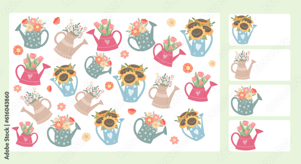 Vector summer template for preschool games. I spy game. Childrens educational fun. Count how many various watering cans Vector summer template for preschool games. I spy game. Childrens educational fun. Count how many various watering cans