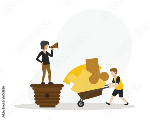 Work coordination. Faceless female standing on light bulb socket talking into megaphone while male wheeling cart loaded with pieces of jigsaw puzzle. Flat vector illustration