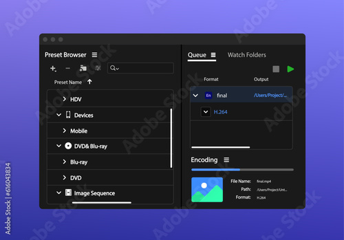 Program for Video Conversion and Rendering. Export videos to formats for any device. Vector illustration.