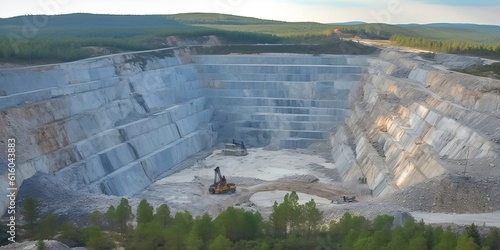 Mining at a height. Industrial terraces on a mineral mine with an open pit. opencast mining as seen from above. Exploration of a dolomite mine. Extractive sector. generative ai. photo