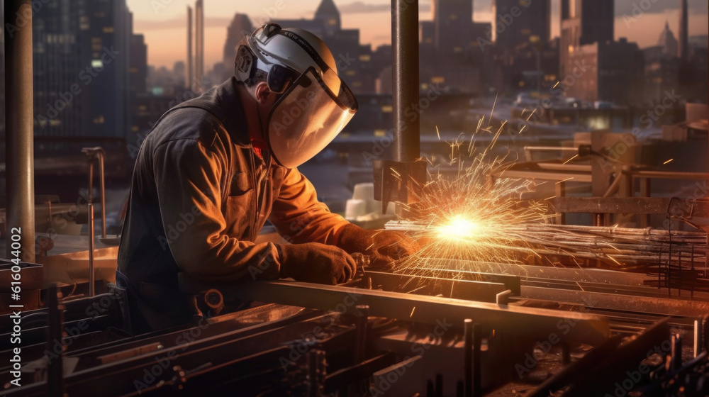 Welder at work on a construction site. Generative AI. Welder at work on a construction site. Generative AI.