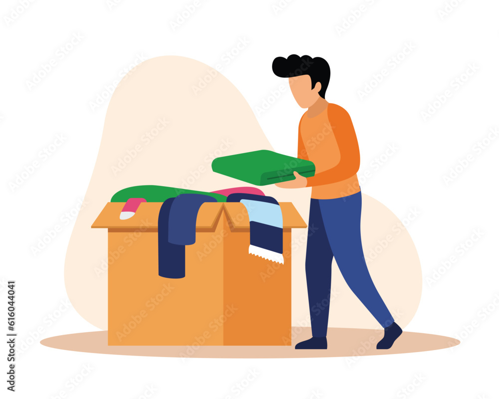Brunet faceless man volunteer collects things in box. Humanitarian aid organization. Preparing boxes with donations. Social active youth. Vector flat style illustration Brunet faceless man volunteer collects things in box. Humanitarian aid organization. Preparing boxes with donations. Social active youth. Vector flat style illustration