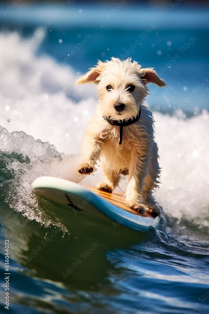 Hund surft auf einer Welle KI