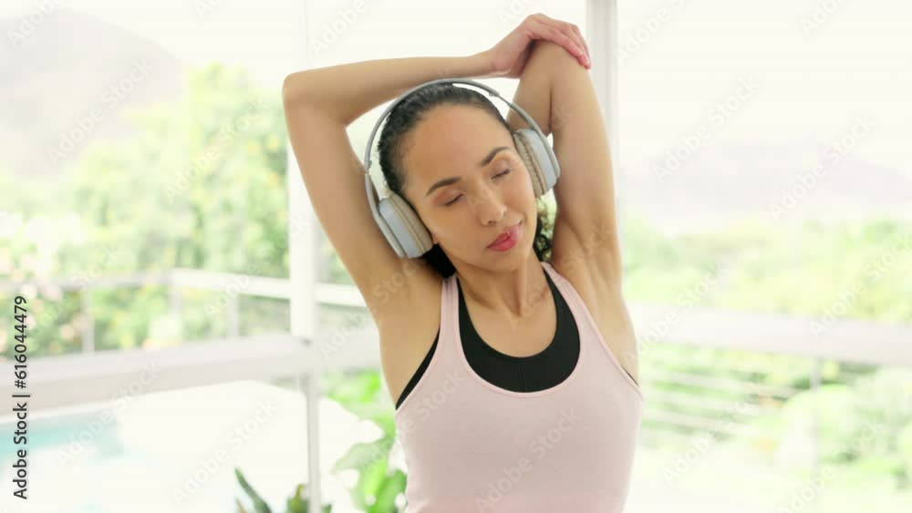 Music headphones, stretching and meditation of woman in home for mindfulness, exercise or training. Yoga, listening and person warm up for fitness, wellness and workout for pilates, health and radio. Music headphones, stretching and meditation of woman in home for mindfulness, exercise or training. Yoga, listening and person warm up for fitness, wellness and workout for pilates, health and radio.