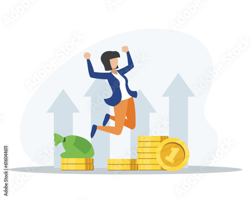 Faceless cartoon girl jumping for happiness successful deal making profit. Concept of banking services. Modern finance management process. Business investment profit. Vector