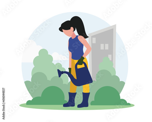 Faceless volunteer girl watering ground from watering can. People taking care of environment. Social charity activities to save planet. Vector flat style illustration