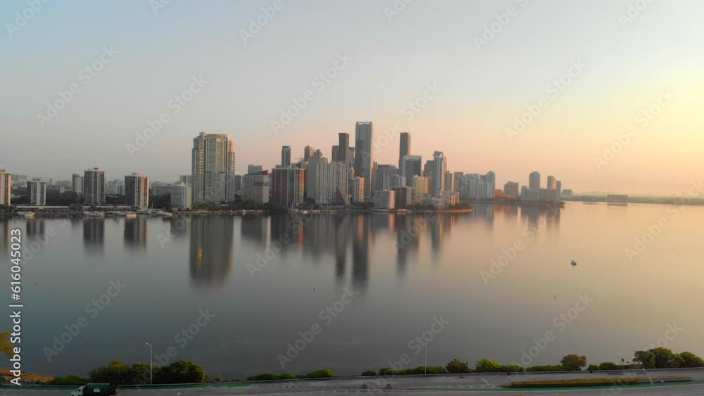 Backward moving drone shot Miami skyline Backward moving drone shot Miami skyline