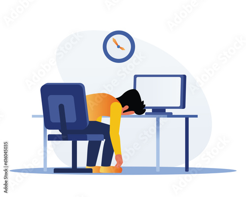 Bored man asleep at desk at his computer. Deadline concept. Character in office with a lot of work. Employee stressed out on workplace. Vector illustration