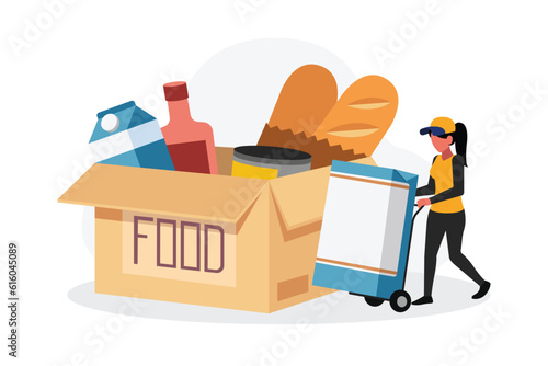 Faceless woman packing food as donations. Humanitarian aid organization. Grocery for needy and poor people. Preparing boxes for charity. Vector flat style illustration