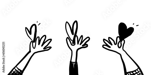 hand drawn of Hands holding a heart. Concept of charity and donation. Give and share your love to people. hands gesture on doodle style. vector illustration