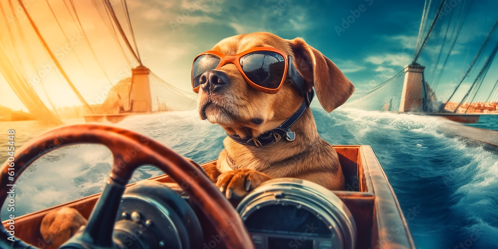 Hund als Captain von einem Boot KI