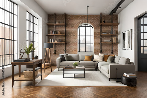 Interior design of an industrial chic living room that incorporates exposed bricks, metal finishes, wooden elements, and vintage machinery-inspired decor with a touch of luxury | Generative AI