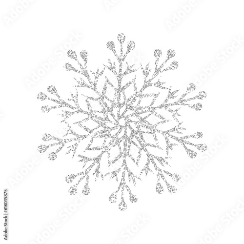 Glitter silver snowflake. Holiday design element for greeting cards, invitations, posters, banners. Merry Christmas and happy new year concept. 