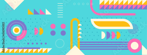 Modern vector abstract geometric background with circles, rectangles and squares in retro Scandinavian style. Pastel colored simple shapes graphic pattern.