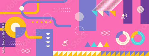 Modern geometric abstract pattern design with simple geometrical shapes and basic colorful forms. Great for use in poster arts, web design, branding presentation, album print, fashion texture and etc.
