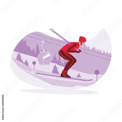 Young ski athletes train seriously in the Alps snow for a ski competition. Trend Modern vector flat illustration.