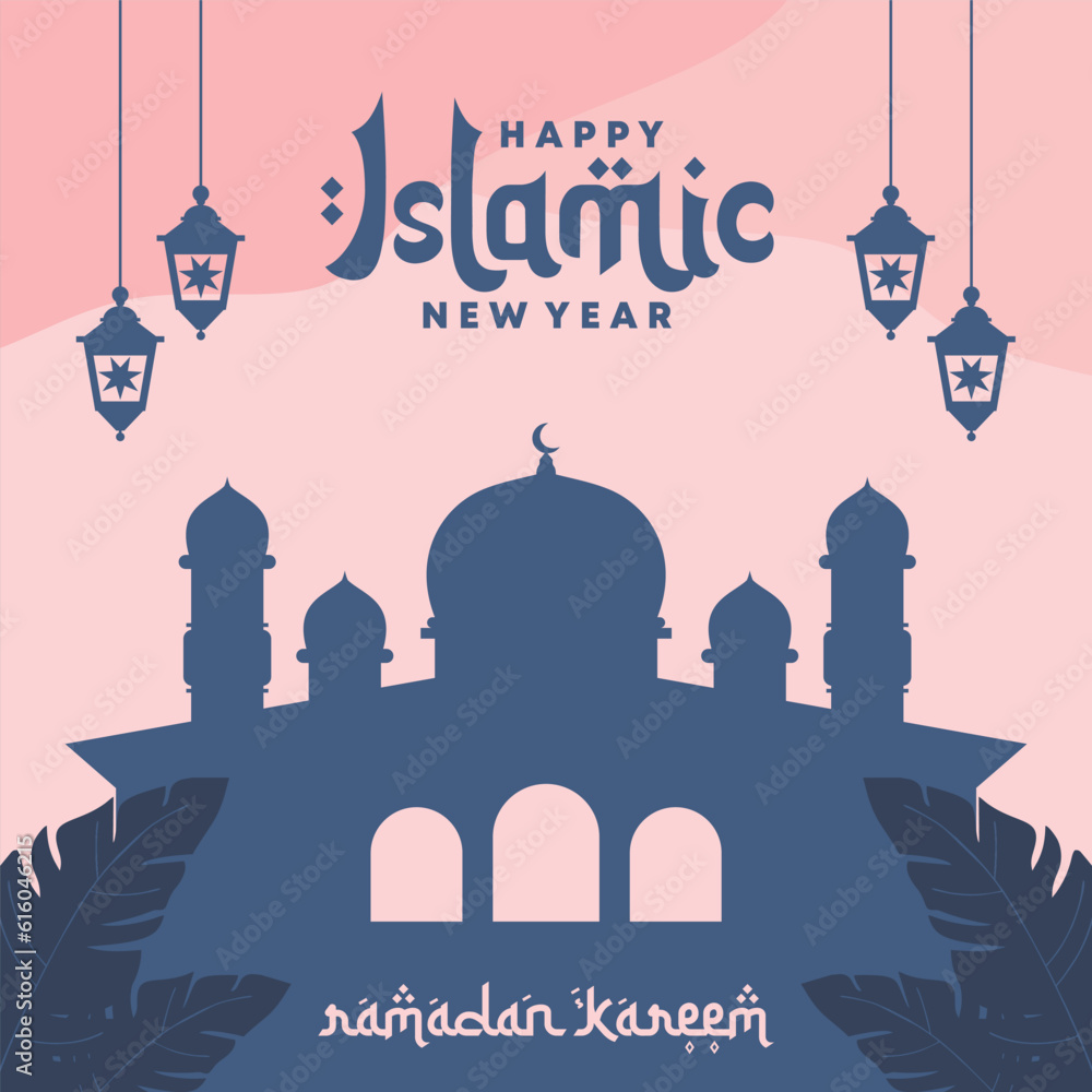 vector happy islamic new year for instagram post with mosque, lantenr, and text design