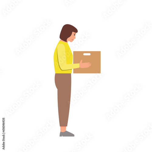 Casual woman office worker holds box. vector illustration © siraanamwong