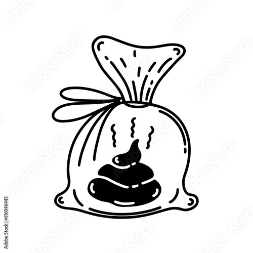 Hygiene bag for dog poop vector icon. Transparent container with animal excrement. Clean up after your pet. Illustration isolated on white. Simple doodle, sketch. Clipart for print, brochures, stands