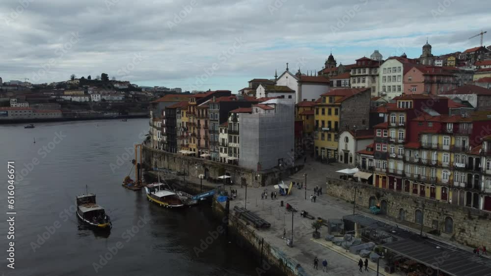 Porto, Portugal - 12.25.2022: Aerial view of the old city of Porto. Portugal old town ribeira aerial promenade view with colorful houses. High quality photo Porto, Portugal - 12.25.2022: Aerial view of the old city of Porto. Portugal old town ribeira aerial promenade view with colorful houses. High quality photo