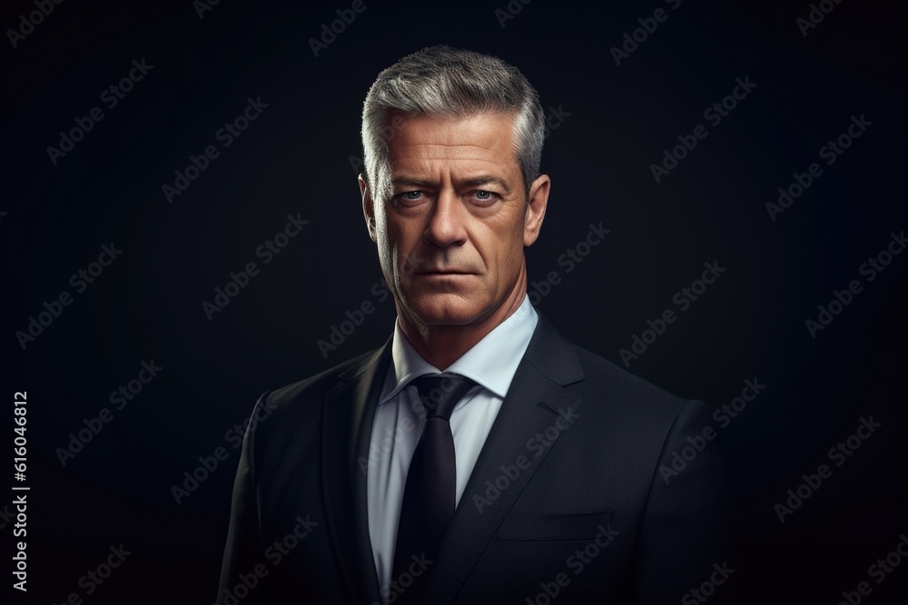 Portrait of mature businessman in suit looking at camera on black background.Generative Ai Portrait of mature businessman in suit looking at camera on black background.Generative Ai