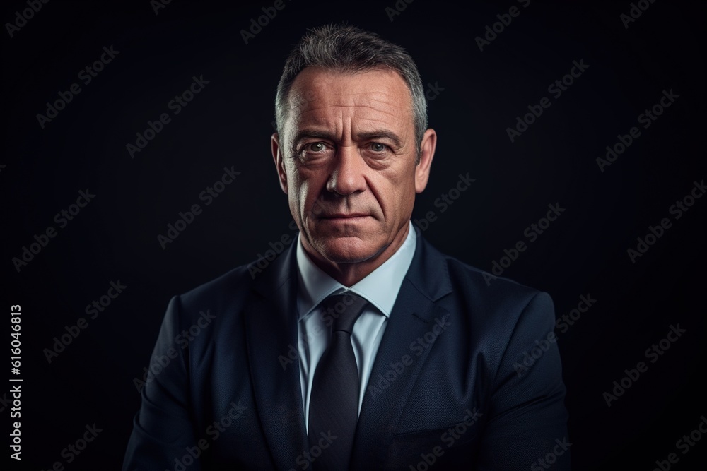 Portrait of mature businessman in suit looking at camera on black background.Generative Ai Portrait of mature businessman in suit looking at camera on black background.Generative Ai