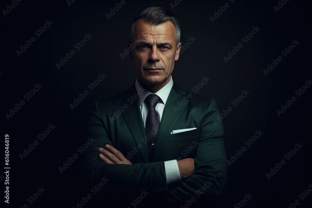 Portrait of mature businessman in suit looking at camera on black background.Generative Ai Portrait of mature businessman in suit looking at camera on black background.Generative Ai