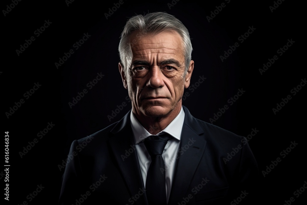 Portrait of mature businessman in suit looking at camera on black background.Generative Ai Portrait of mature businessman in suit looking at camera on black background.Generative Ai