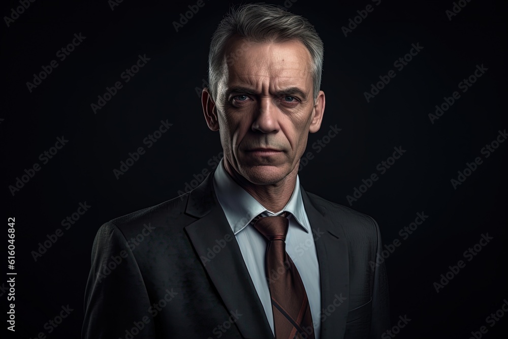 Portrait of mature businessman in suit looking at camera on black background.Generative Ai Portrait of mature businessman in suit looking at camera on black background.Generative Ai