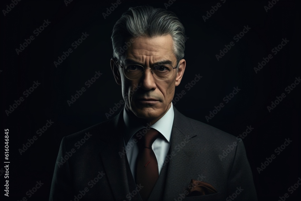 Portrait of mature businessman in suit looking at camera on black background.Generative Ai Portrait of mature businessman in suit looking at camera on black background.Generative Ai