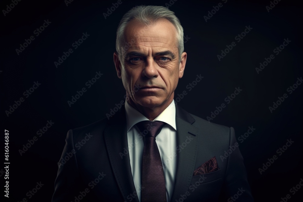 Portrait of mature businessman in suit looking at camera on black background.Generative Ai Portrait of mature businessman in suit looking at camera on black background.Generative Ai