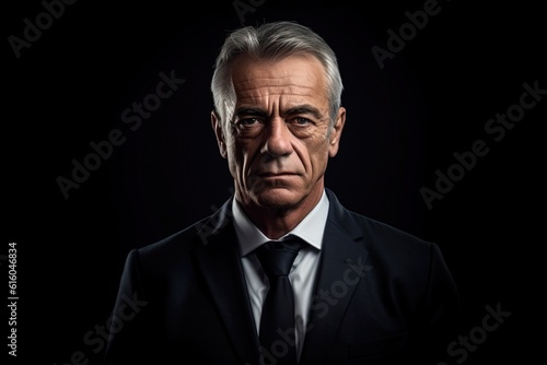Portrait of mature businessman in suit looking at camera on black background.Generative Ai