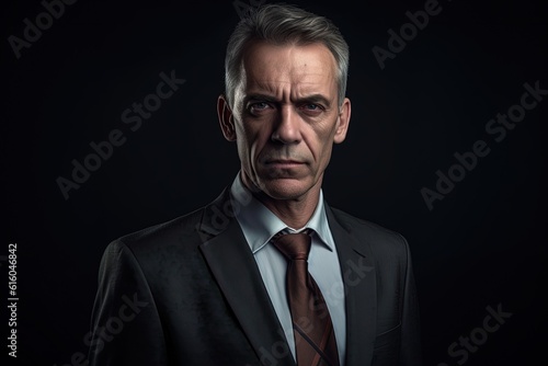 Portrait of mature businessman in suit looking at camera on black background.Generative Ai