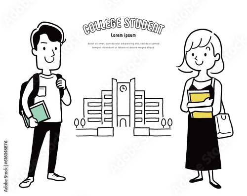 ベクターイラスト素材：大学生の男女、男子大学生と女子大学生
