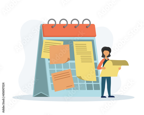 Faceless girl sticks papers with list of tasks on calendar. Characters organizing and planning schedule. Time management concept. People increase work efficiency through planning. Vector