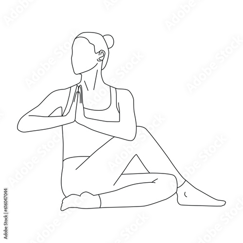 Line art of woman doing yoga in seated spinal twist pose vector.
