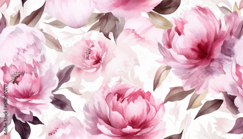 Delicate floral watercolor pattern for textiles and backgrounds, watercolor peonies flowers and green leaves, soft colors, boho style on a light background, floristic vintage, Asian