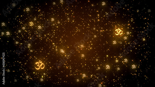 Abstract Spiritual Art Golden Glowing Shine Glitter Sparkle Flash Twinkle Omkara Devanagari Hinduism Symbol Particles Background